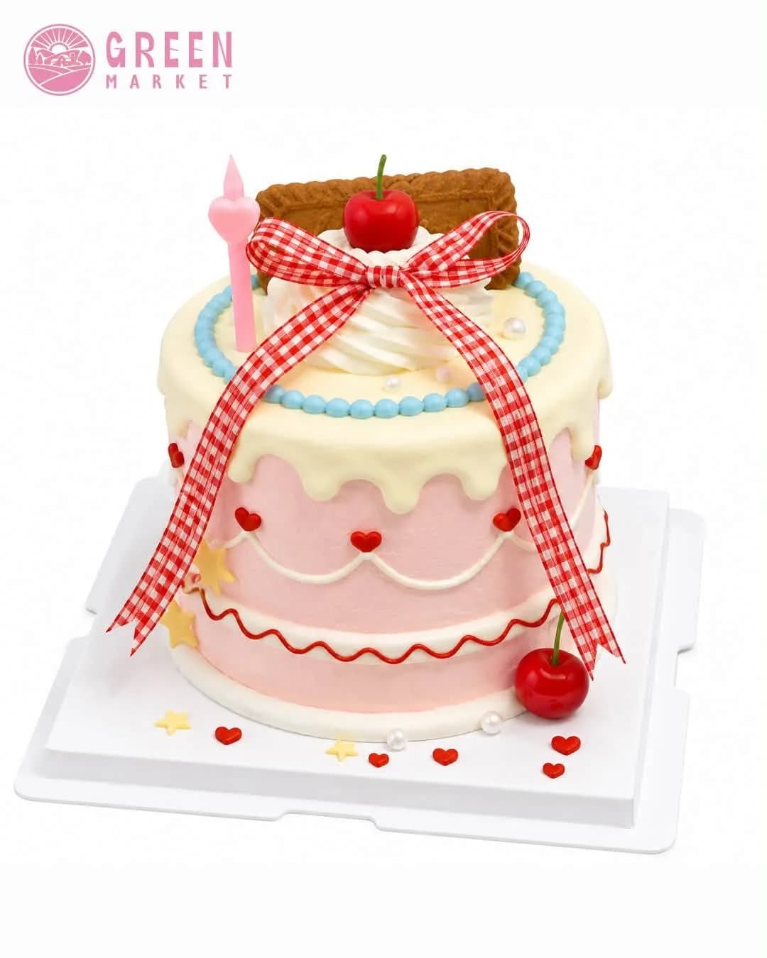 Bánh Kem Cherry Nơ Caro Đỏ Tone Hồng Pastel DB039 - ảnh 1