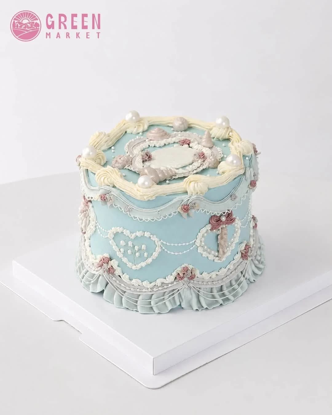 Bánh Kem Vintage Trái Tim Ngọc Trai Tone Xanh Pastel DB048 - ảnh 1